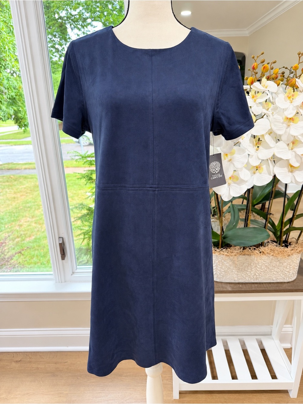 Vince Camuto Mini Dress Short Sleeve Panneled Shift  Stitching Faux Suide Sz.S